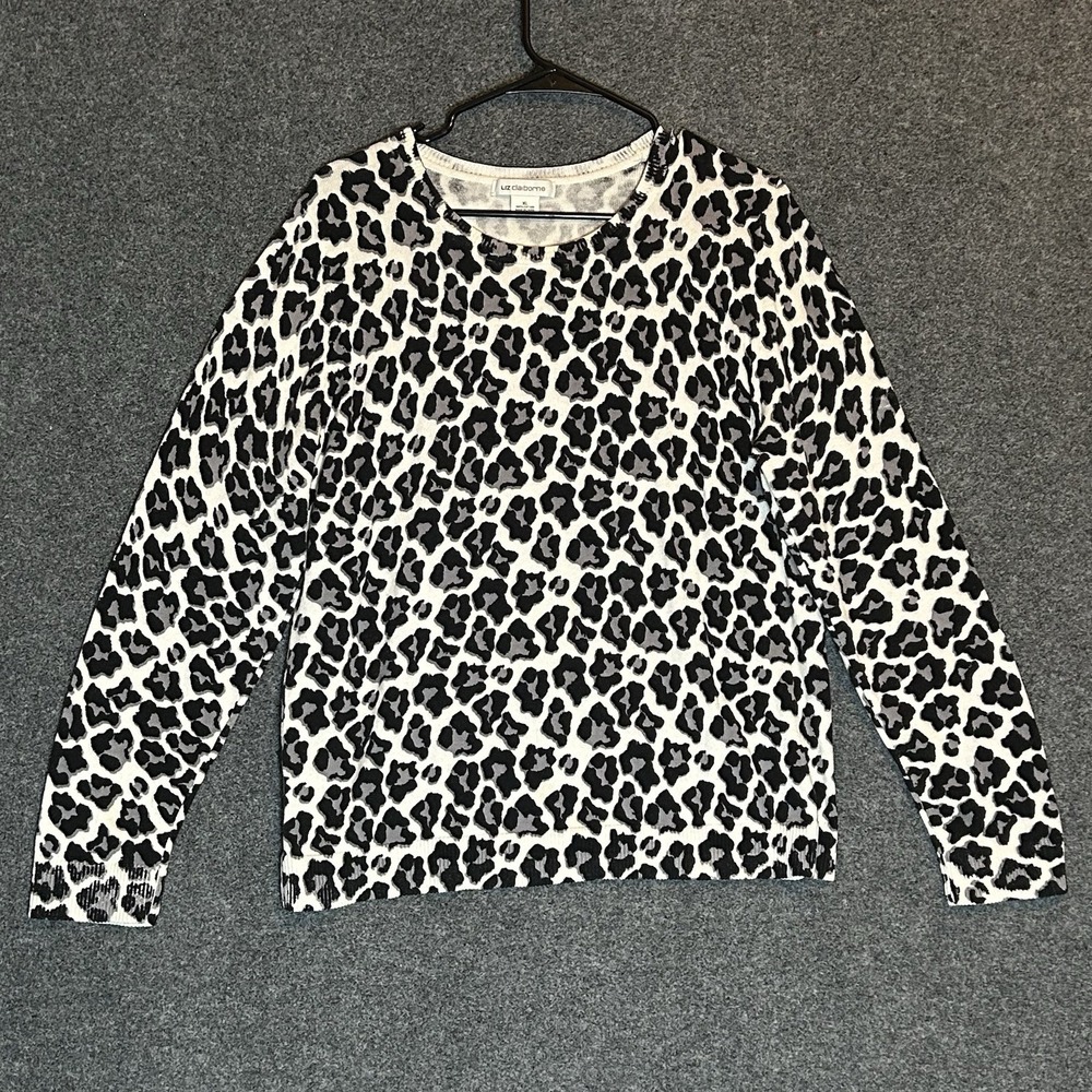Liz Claiborne Sweater Women's M Pullover 100% Cotton Animal Print Crew Neck